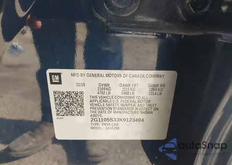 2019 Chevrolet Impala Premier из США, поврежденный, VIN 2G1105S33K9123494